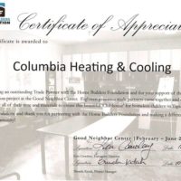 Home Builders Foundation Certificate of Appreciation | Columbia Heating & Cooling