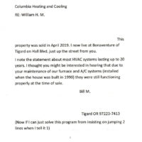 A typed letter from a customer praising Columbia for 29 year lifespan of his A/C system