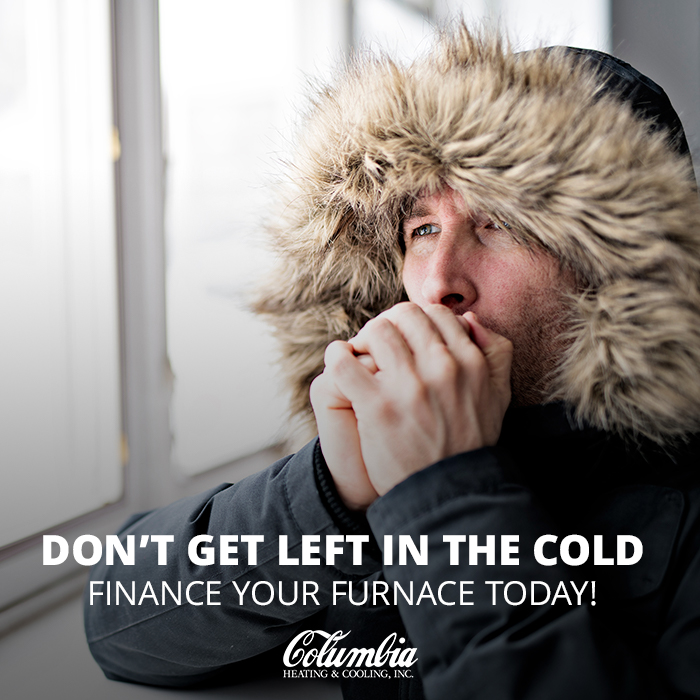 Man wearing a winter coat inside with Columbia ad text overlaid