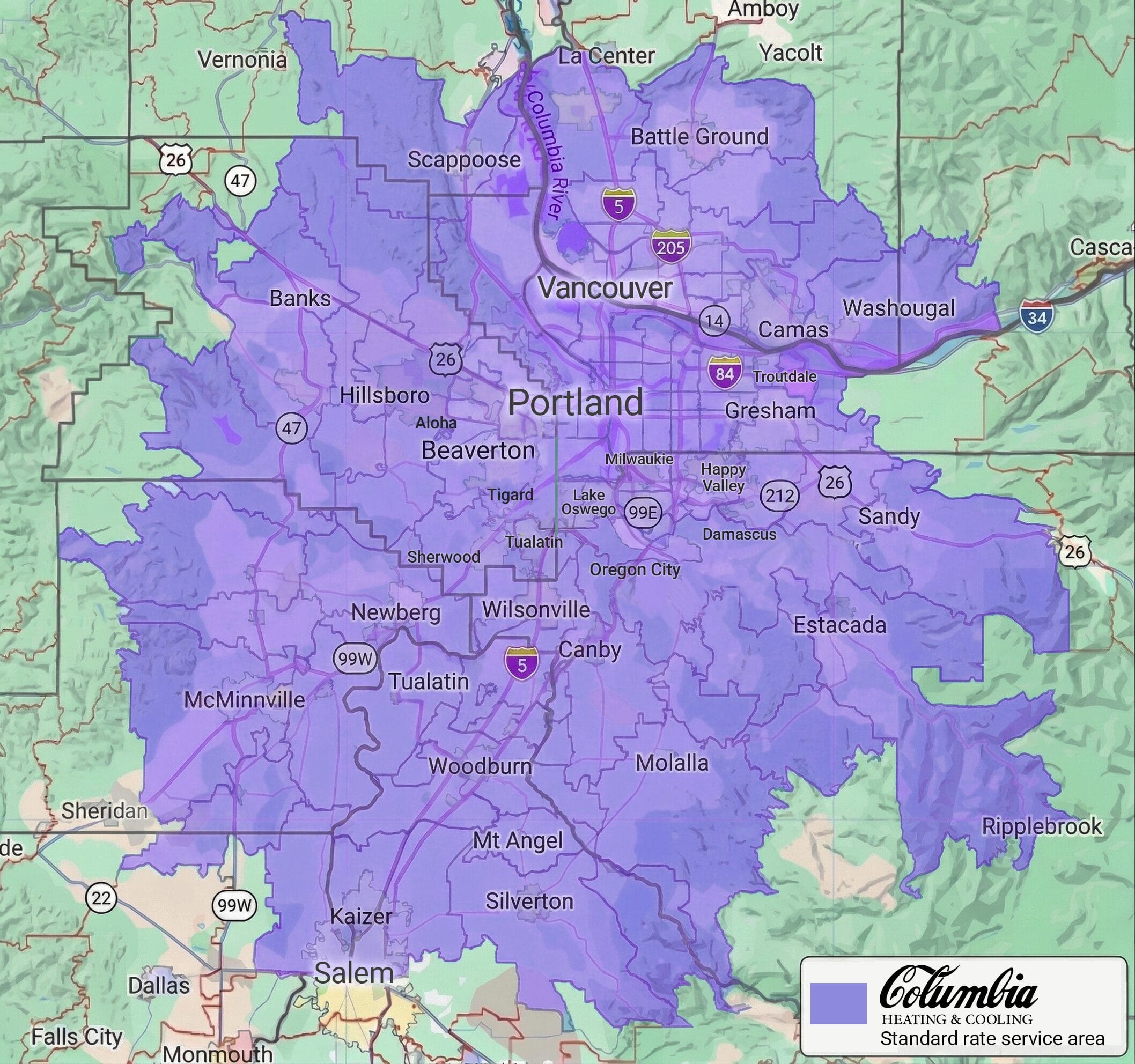 Columbia Heating & Cooling Service Area map